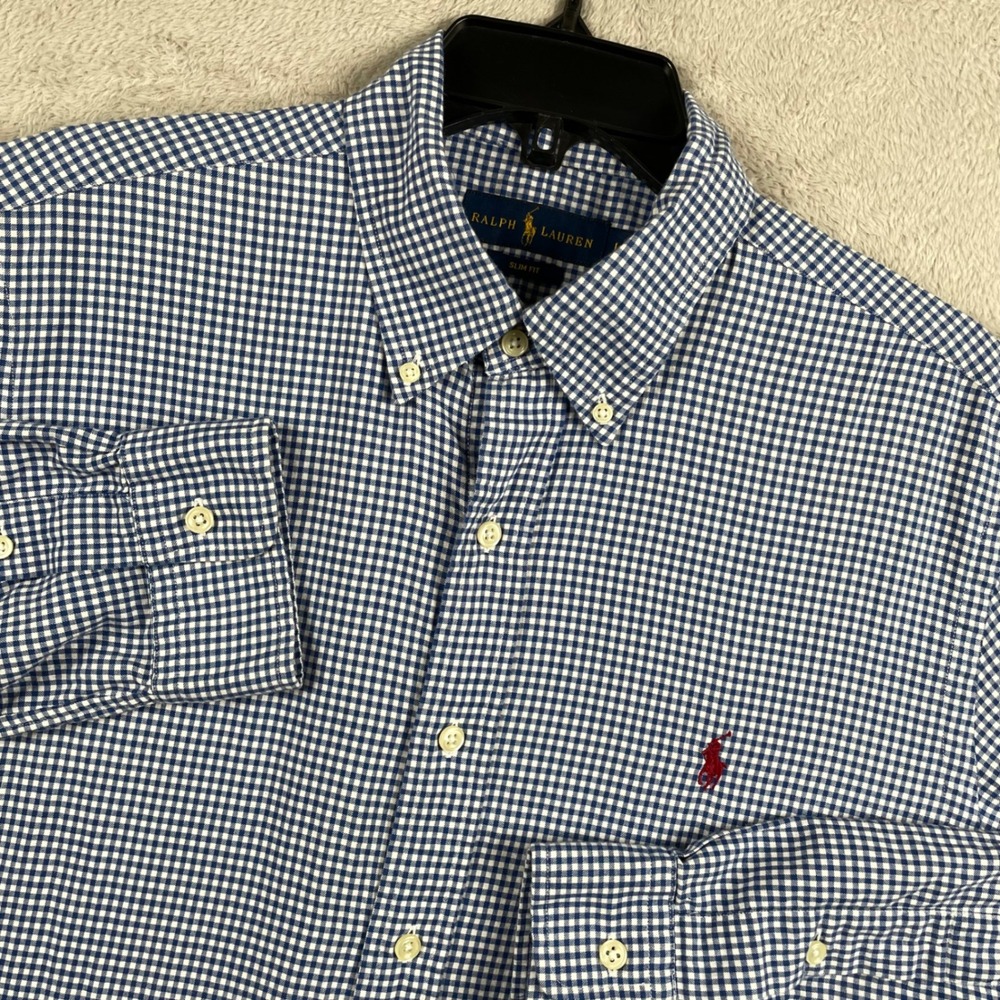 Ralph Lauren Shirt Mens Large Slim Fit Blue Gingham Check Button Down Red Pony